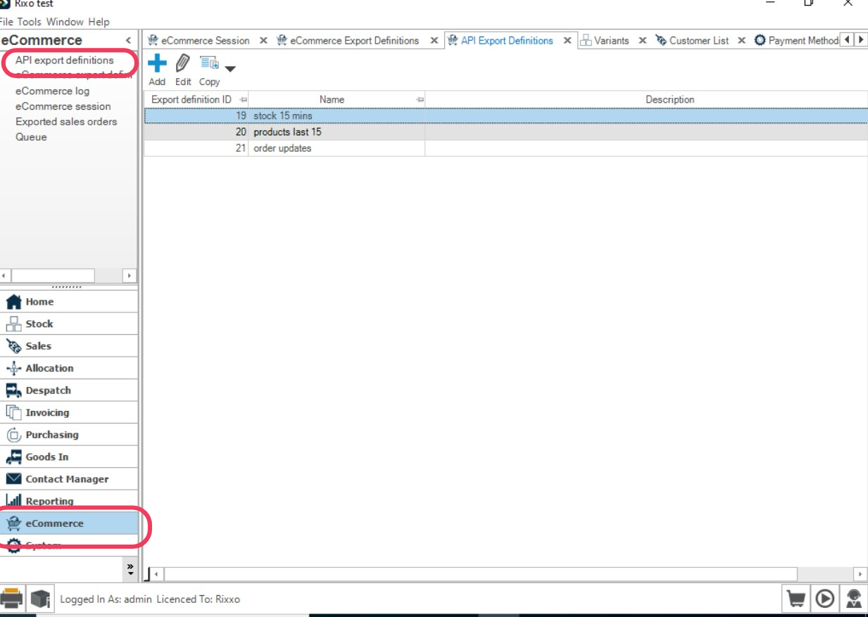 API Export Definitions