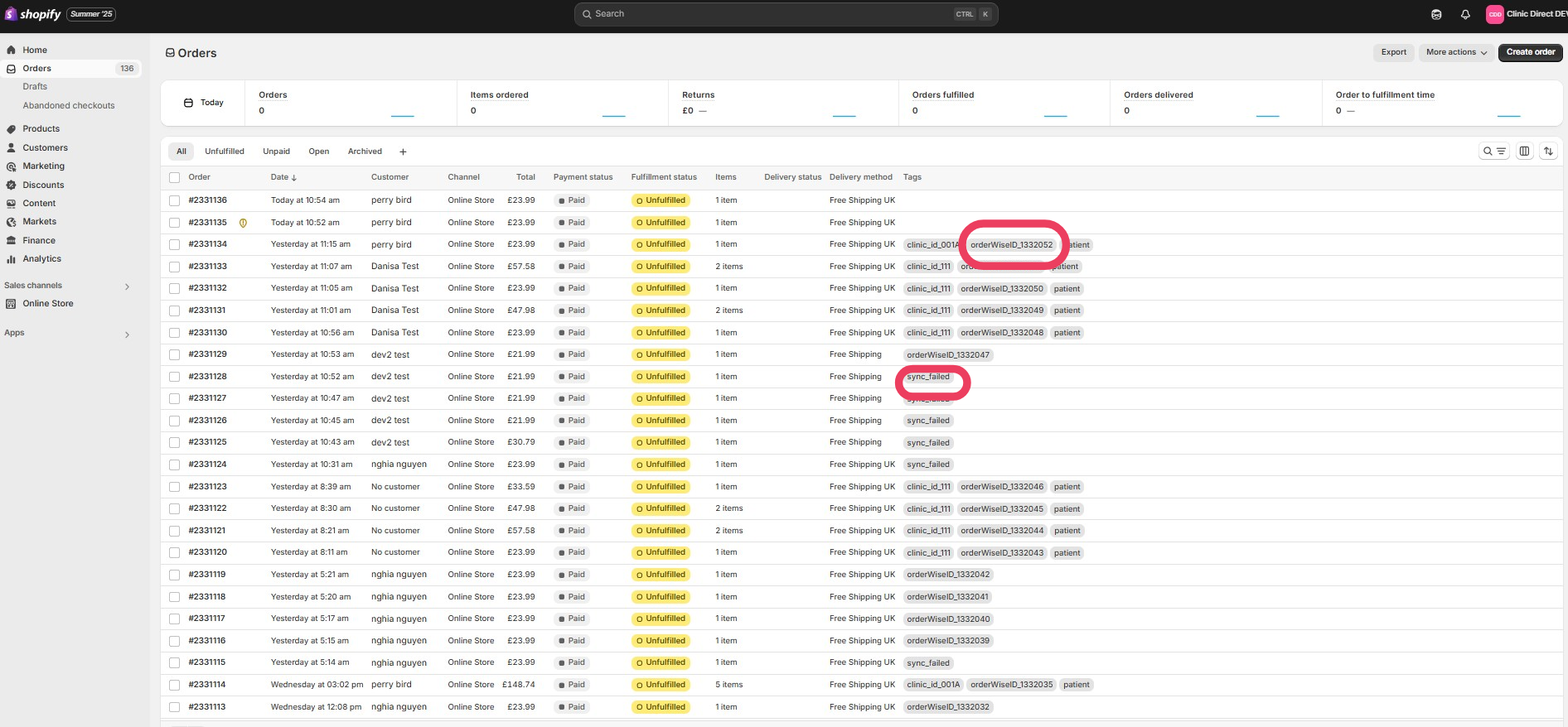 Shopify order sync tags